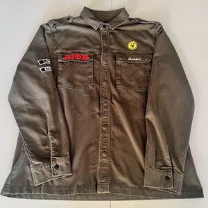 Forever 21 Mens Savages Y2K Olive Green Snap Button Overshirt Shacket Size XL